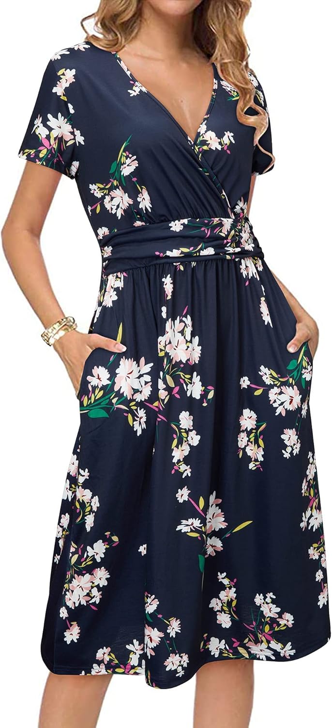 Sophie Robe Femme Midi Portefeuille – Col V, Poches, Robe Fleurie Élégante