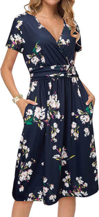 Sophie Robe Femme Midi Portefeuille – Col V, Poches, Robe Fleurie Élégante