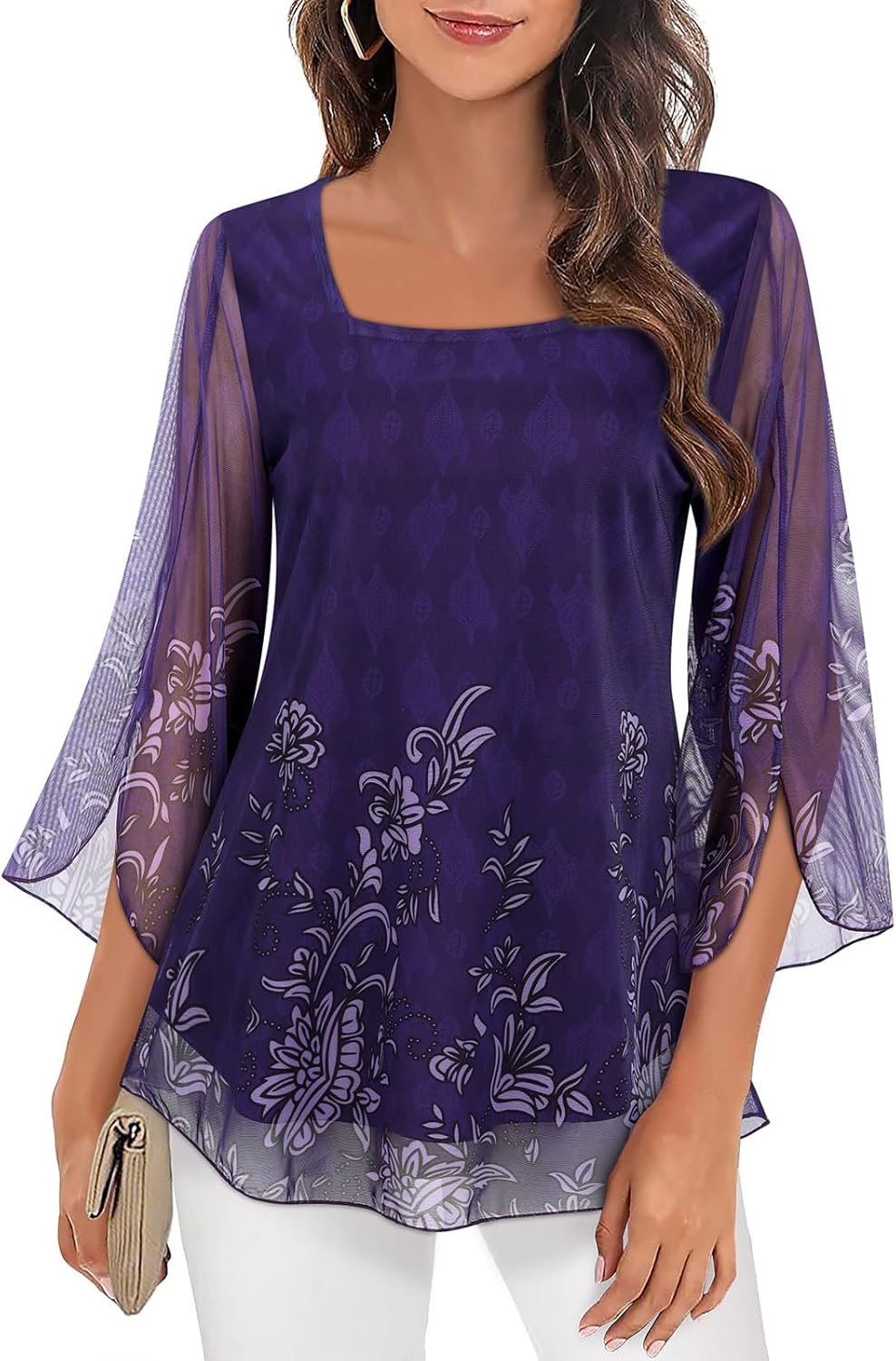 Giada Blusa Donna – Scollo Quadrato, Maniche 3/4 Volant, Tunica Chiffon Elegante