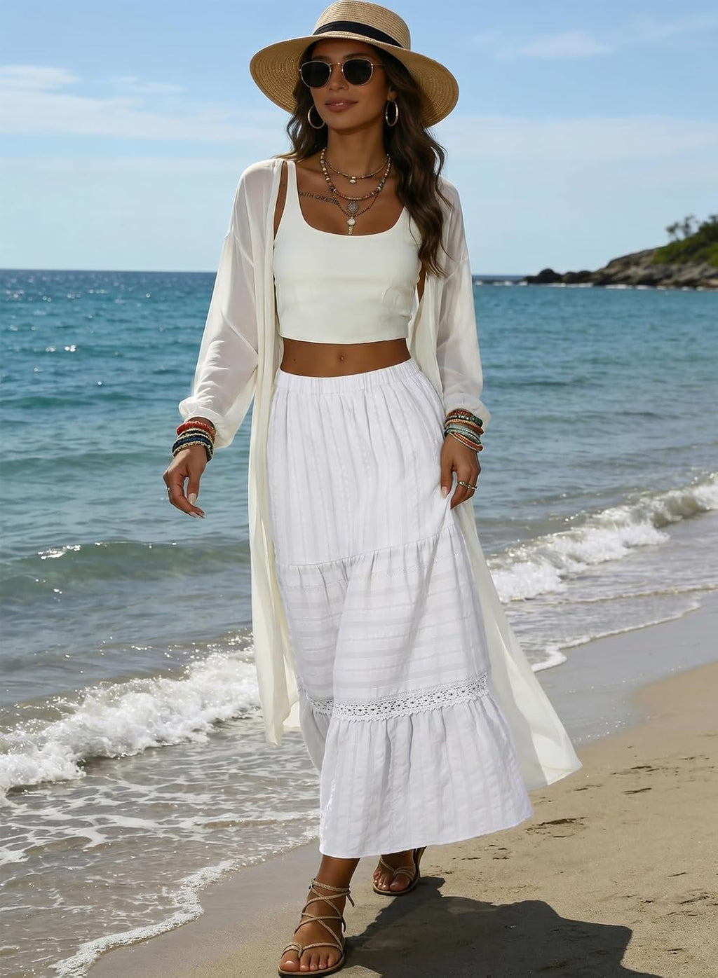 Breilla Falda Maxi para Mujer Boho – Falda Larga de Algodón con Detalles en Encaje Crochet