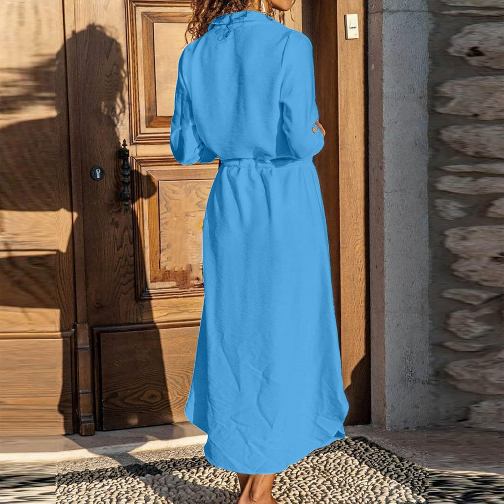 Sadie Abito Lino Donna – Vestito Midi Casual Elegante con Bottoni e Maniche Lunghe