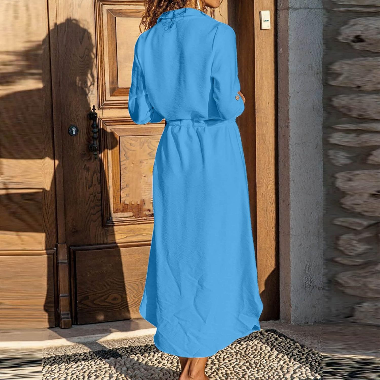 Sadie Abito Lino Donna – Vestito Midi Casual Elegante con Bottoni e Maniche Lunghe