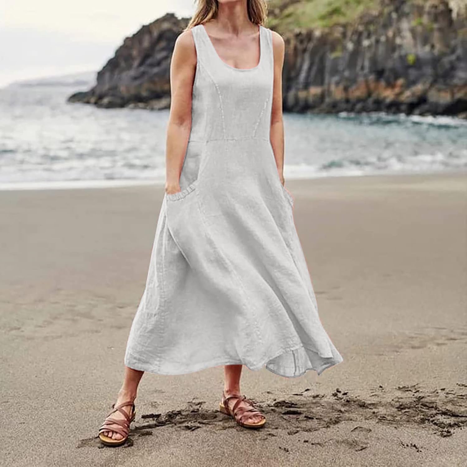 Elena Summer Dress in Cotton and Linen – Casual Sleeveless Dress with Pockets