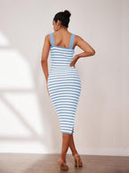 Robe Midi Femme Noemi – Bodycon Rayée, Col Carré, Maille Élastique