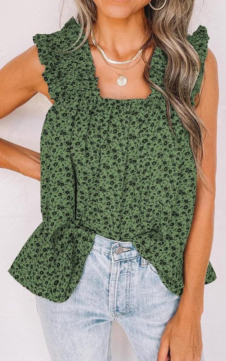 Bianca Women's Tank Top – Boho Floral Top, Ruched Straps, Sleeveless