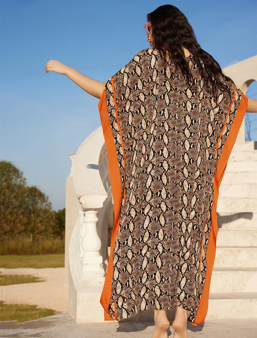 Amina Caftan Femme – Robe Longue Bohème, Imprimé Ethnique, Décolleté V Plongeant