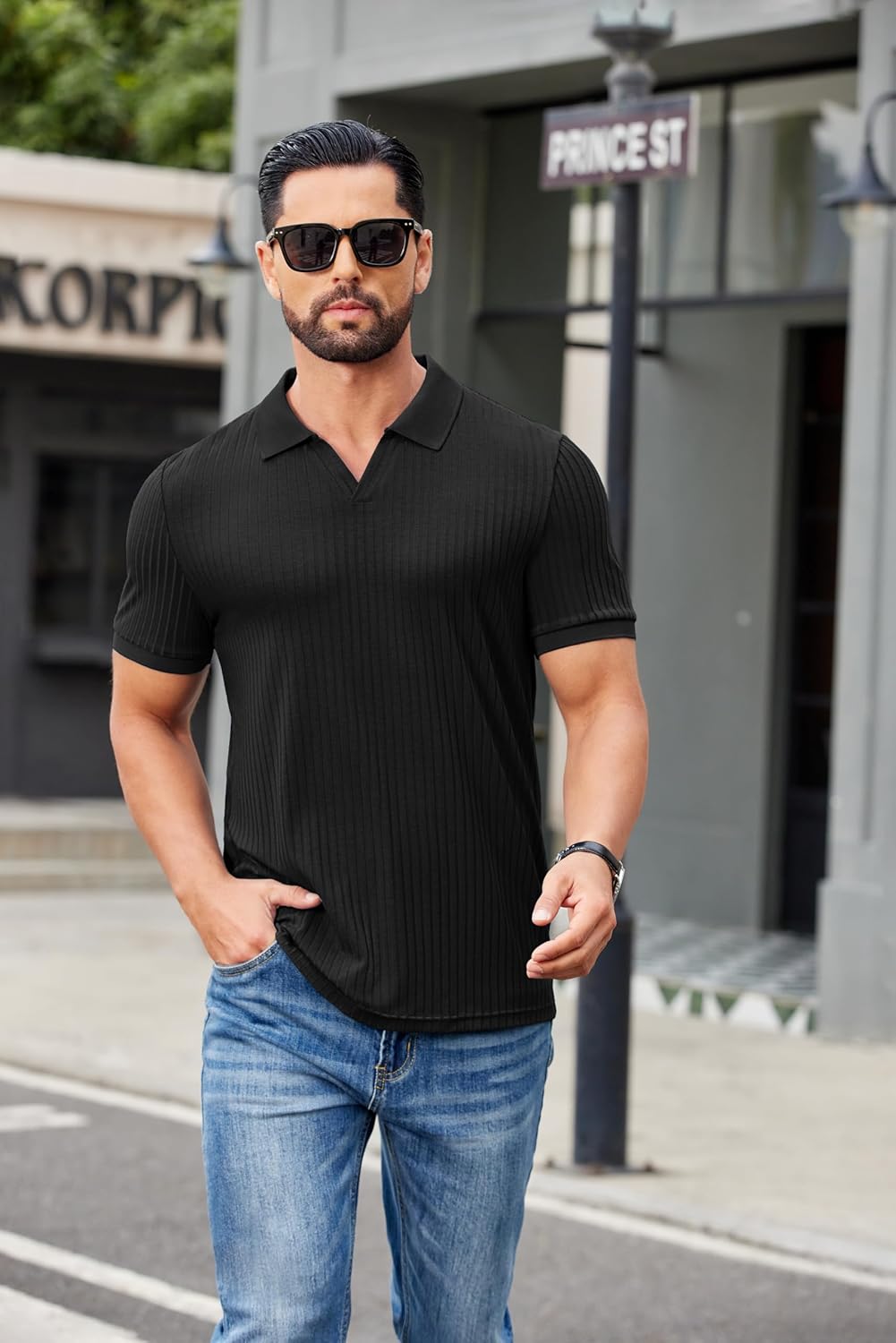 Marco Polo Hombre Slim Fit – Polo de Canalé con Cuello en V Casual Elegante