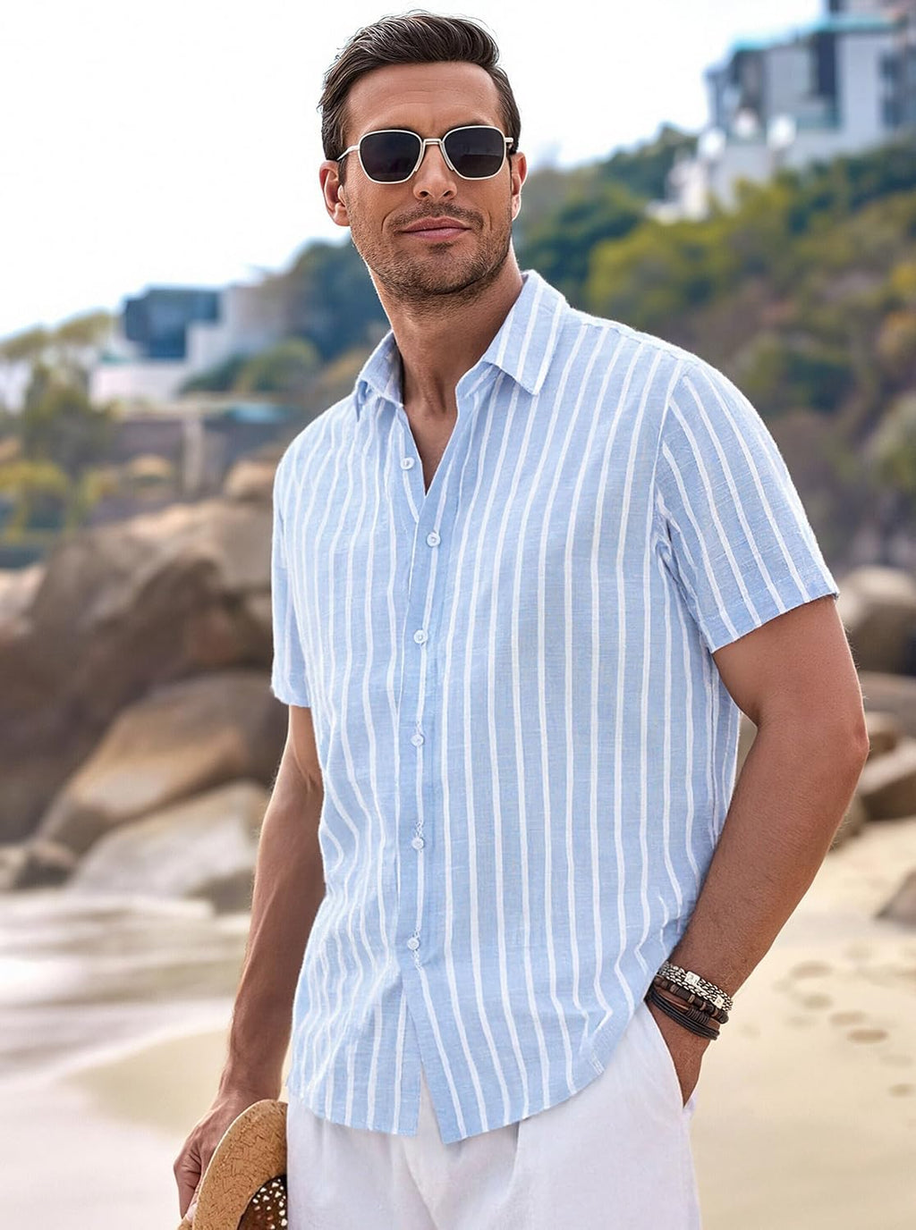 Luca Camicia in Lino da Uomo – Camicia Estiva a Righe con Maniche Corte