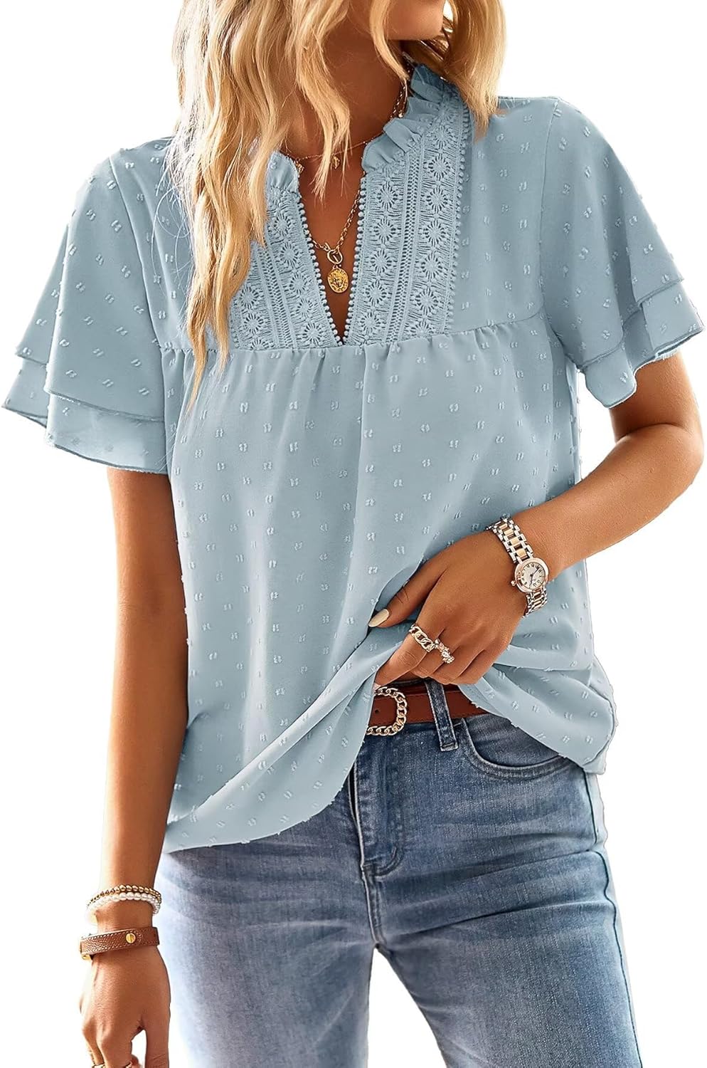 Aurora Blusa Donna – Scollo V, Maniche Volant, Pizzo Crochet Boho Elegante