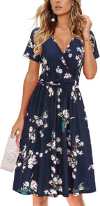 Sophie Robe Femme Midi Portefeuille – Col V, Poches, Robe Fleurie Élégante