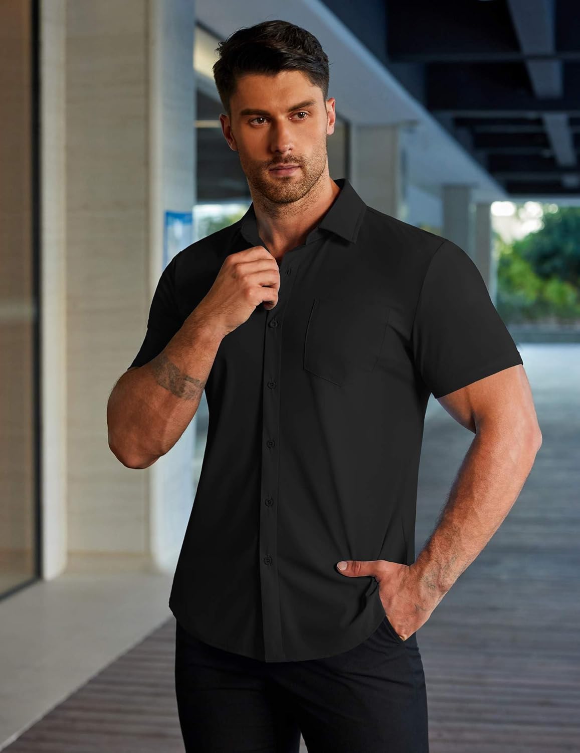 Camisa elástica para hombre – Camisa casual de negocios sin planchar de manga corta