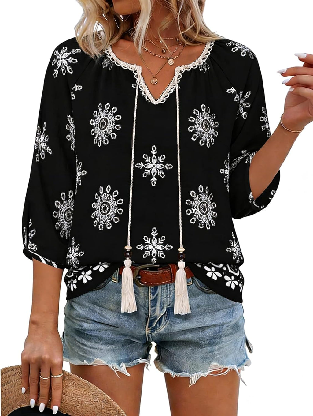Alba Blusa Donna – Boho Floreale, Scollo V con Laccetto, Maniche 3/4 Casual