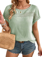 Aurora Maglia Donna – Girocollo, Crochet Traforato, Maniche Corte, Casual Elegante