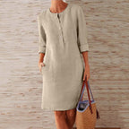 Giulia Robe bohème en lin pour femme – Robe décontractée mi-longue avec boutons et poches