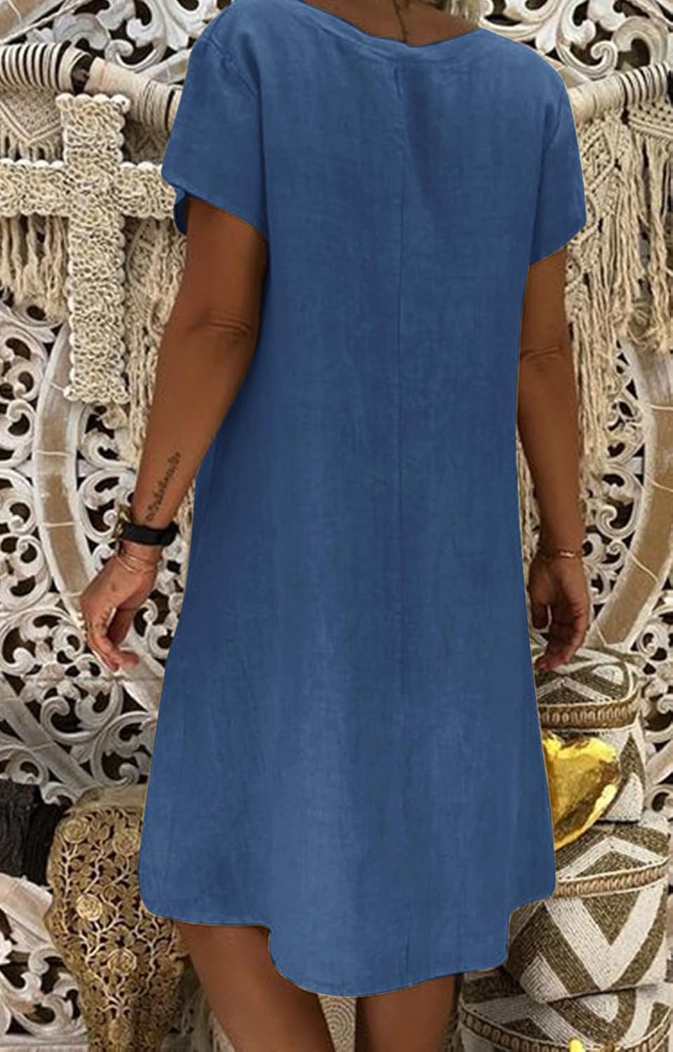 Weng Abito in Lino Donna – Vestito Midi con Scollo a V, Maniche Corte e Tasche