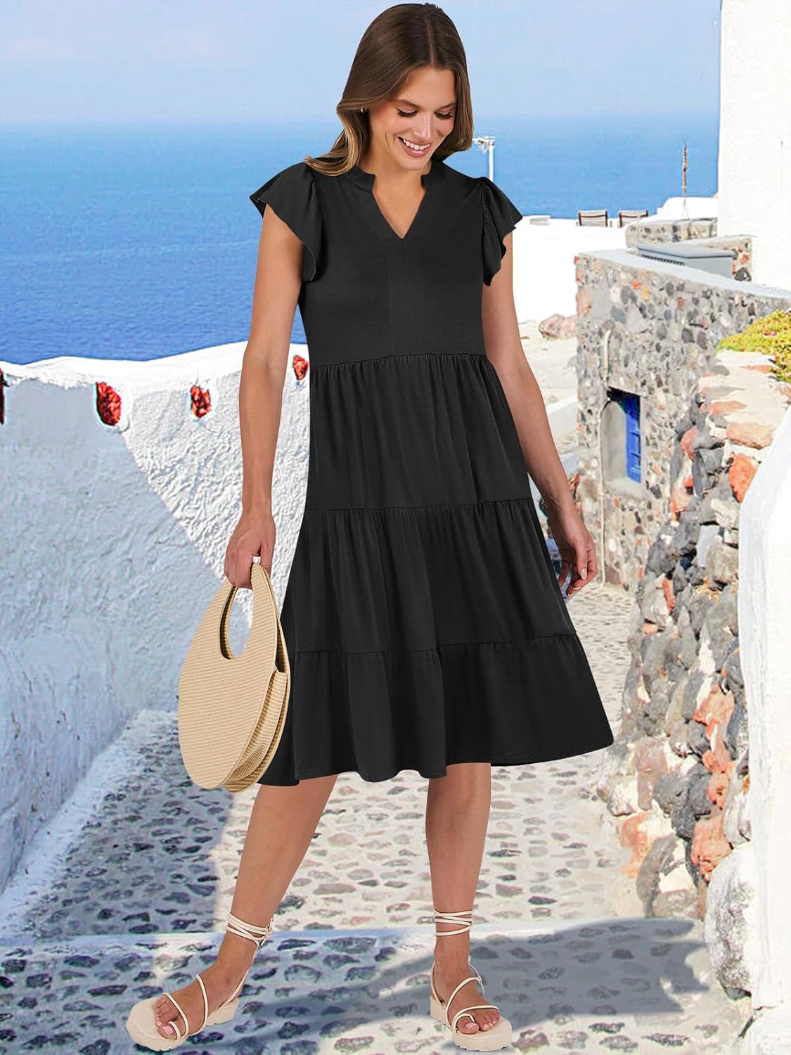 Robe Midi Femme Francesca – Col V, Manches Volantées, Bohème Ligne A Estivale