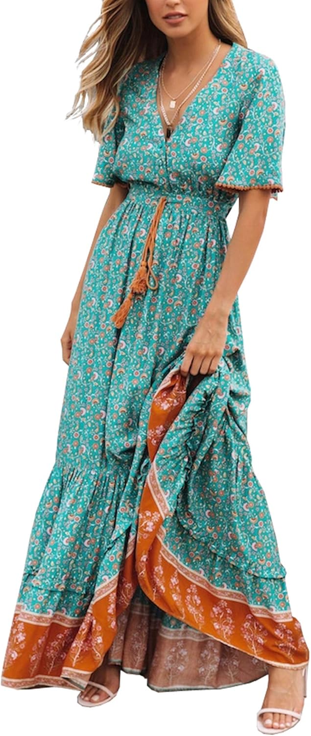 Elisa Abito Donna Maxi Boho – Scollo V Bottoni, Vestito Floreale Estivo Elegante
