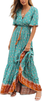 Elisa Abito Donna Maxi Boho – Scollo V Bottoni, Vestito Floreale Estivo Elegante