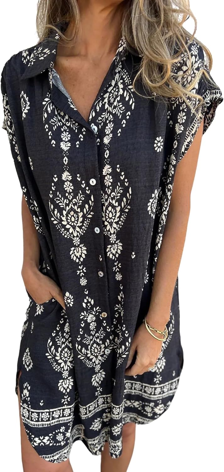 Serenity Abito Camicia Donna Bsubseach – Vestito Estivo Floreale in Lino con Bottoni e Tasche
