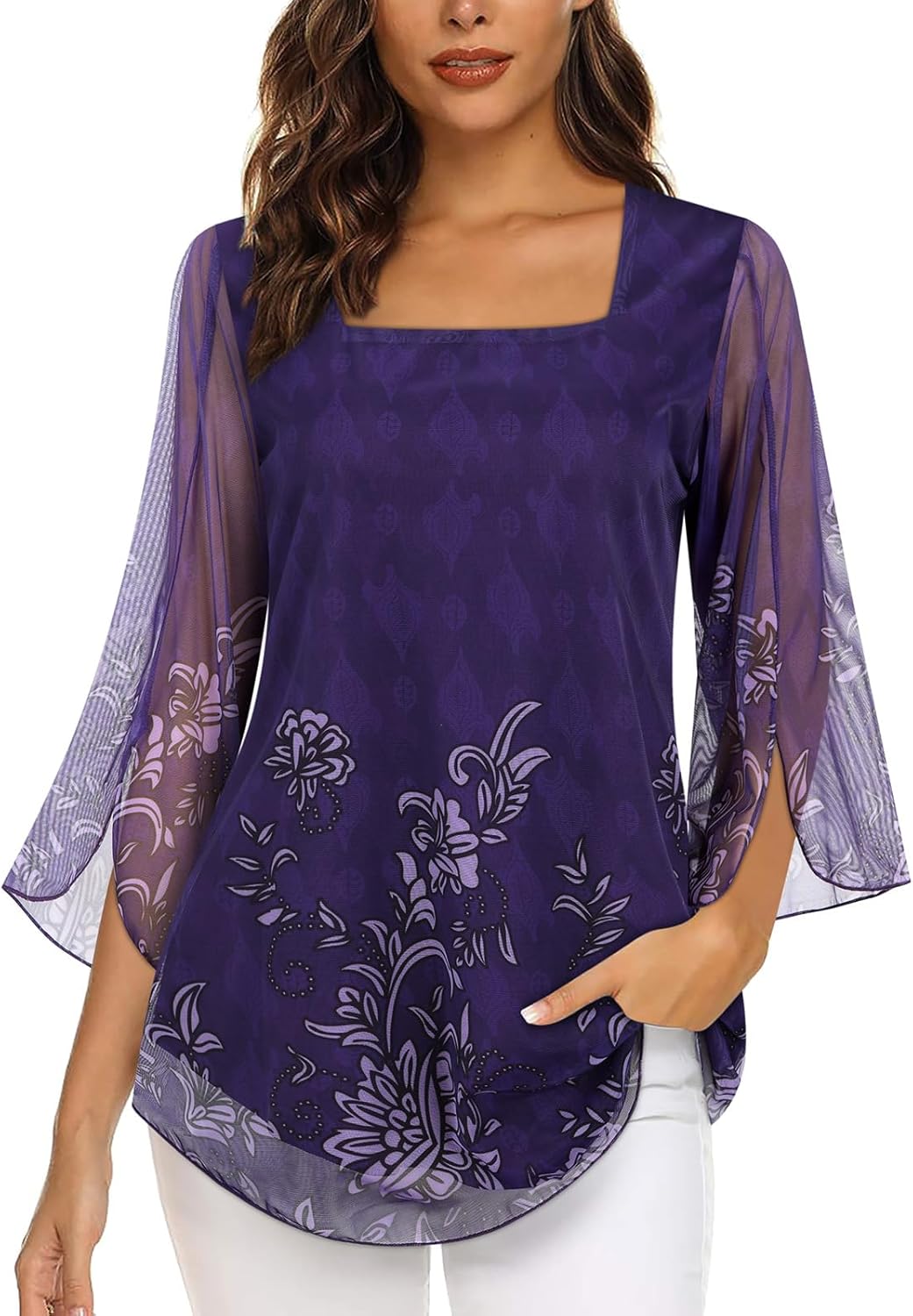 Giada Blusa Donna – Scollo Quadrato, Maniche 3/4 Volant, Tunica Chiffon Elegante
