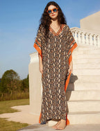 Amina Caftan Femme – Robe Longue Bohème, Imprimé Ethnique, Décolleté V Plongeant