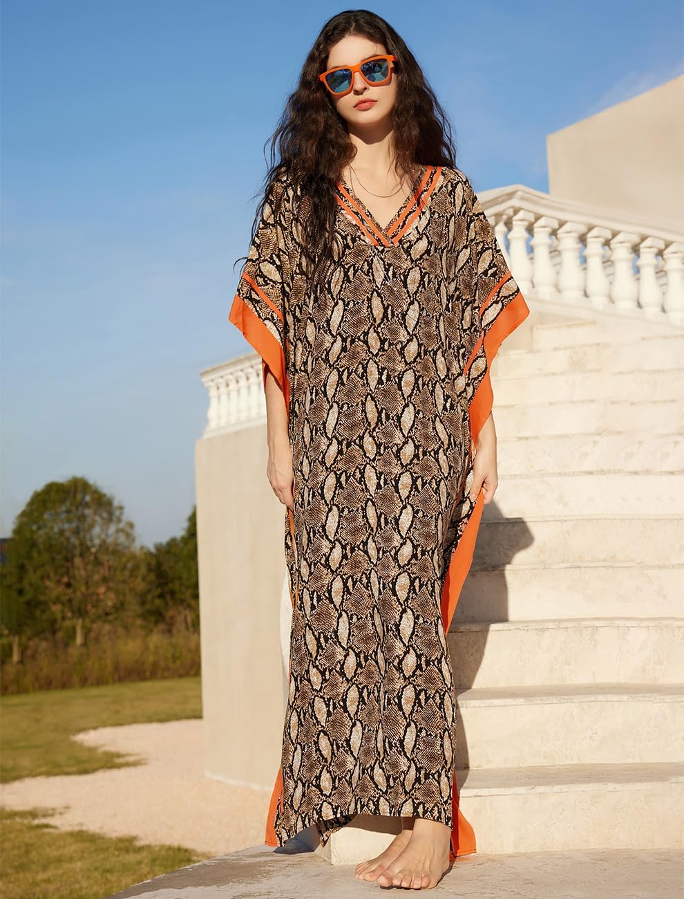 Amina Caftan Femme – Robe Longue Bohème, Imprimé Ethnique, Décolleté V Plongeant