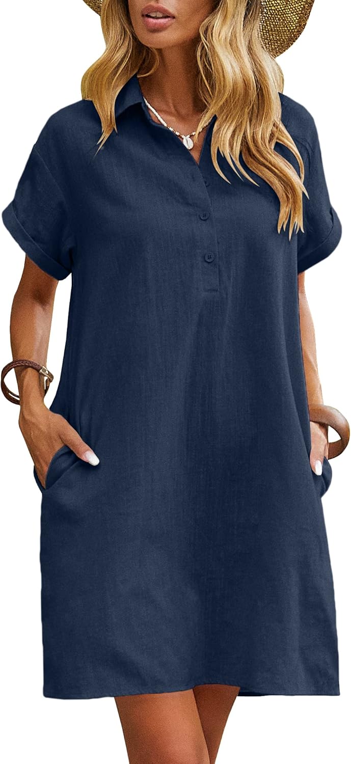 Hayne Abito Donna Cotone Lino – Maniche Corte, Bottoni, Tasche Casual Estivo