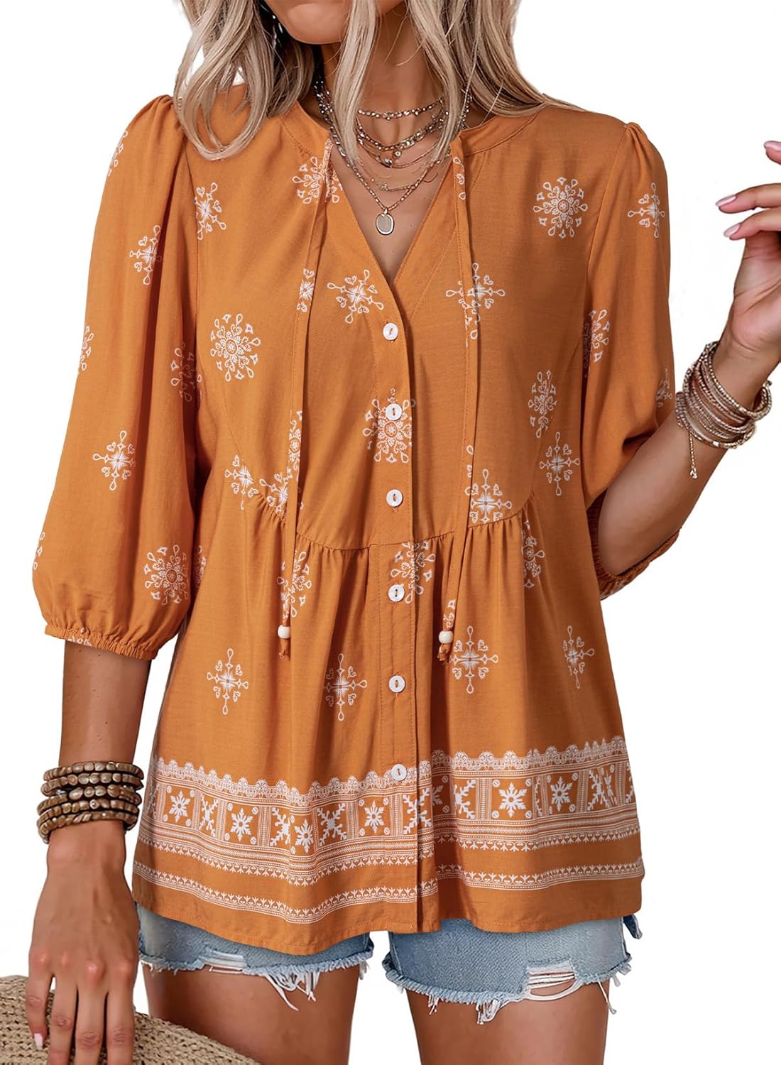 Serena Blusa Donna – Floreale Boho, Scollo V, Peplum Babydoll, Casual Chic