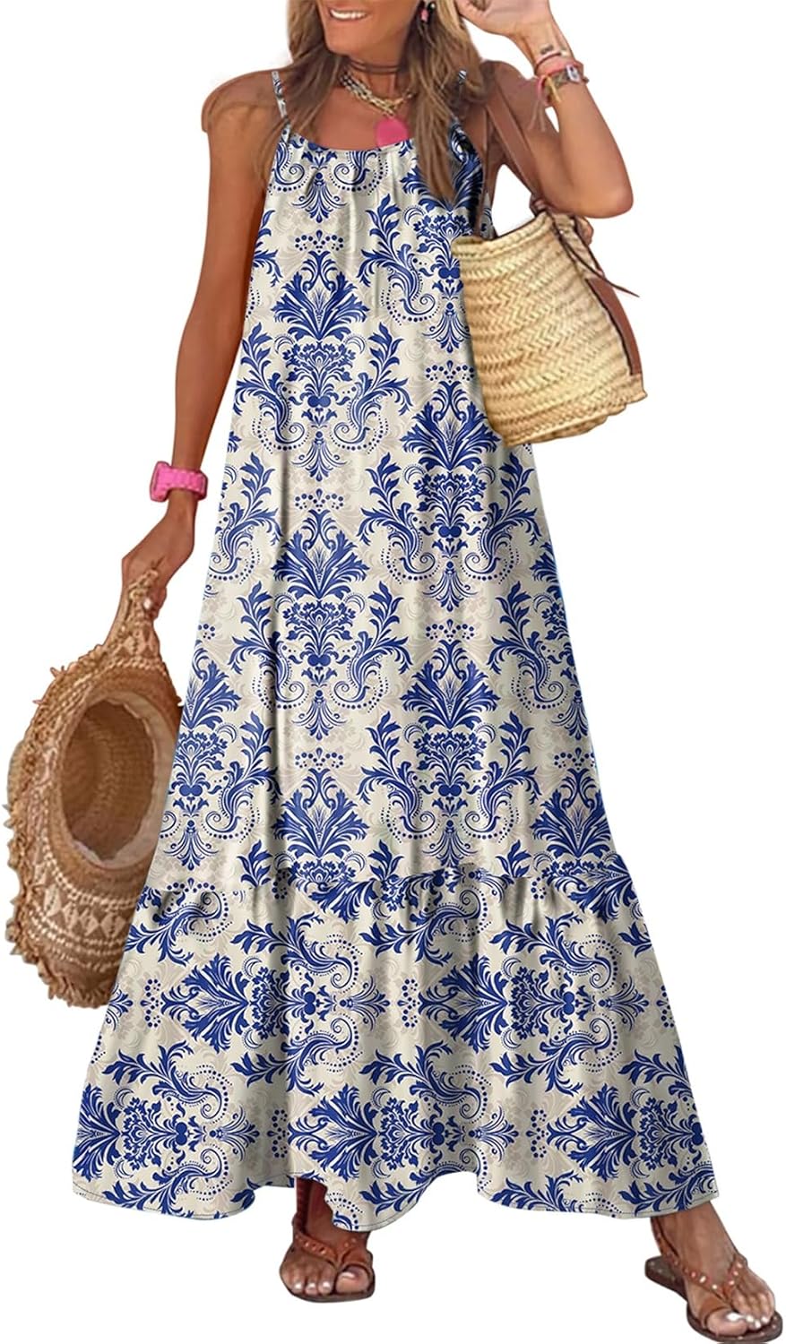 Melichin Robe Femme Maxi Bohème – Bretelles Fines, Encolure U, Smock, Volants Estival