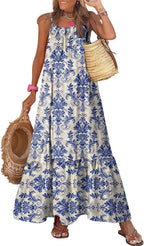 Melichin Robe Femme Maxi Bohème – Bretelles Fines, Encolure U, Smock, Volants Estival