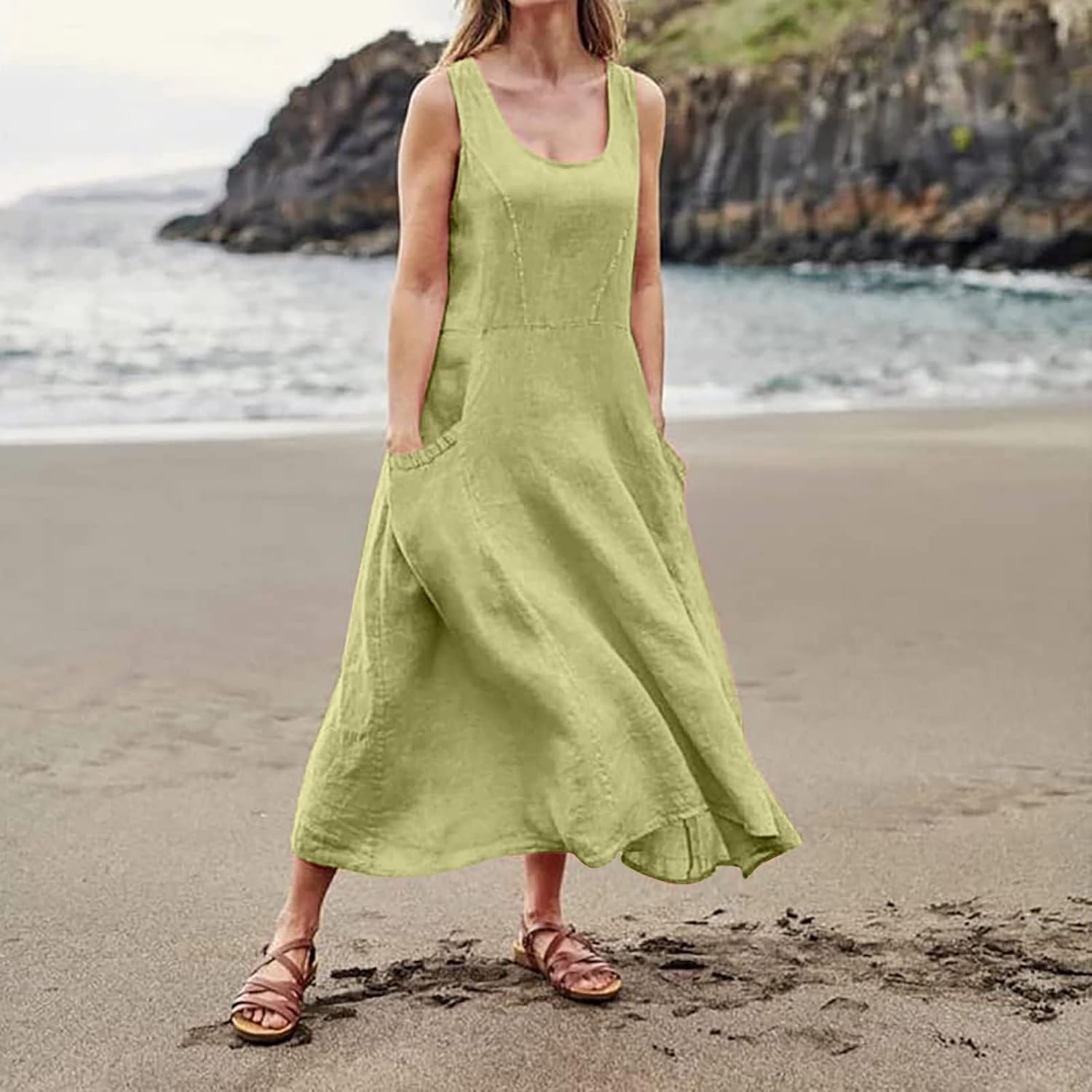 Elena Summer Dress in Cotton and Linen – Casual Sleeveless Dress with Pockets