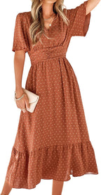 Camilla Robe Maxi Bohème pour Femme – Robe Élégante Swiss Dot avec Col en V