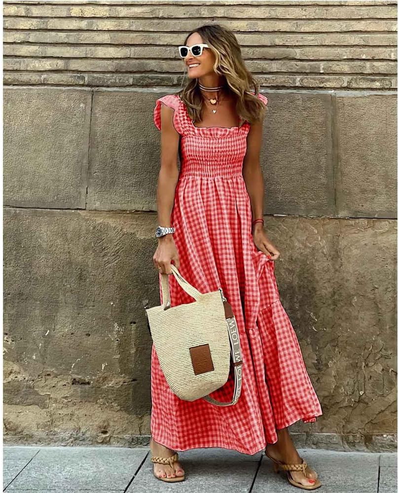 Emma Vestito Maxi a Quadri da Donna – Abito Estivo con Corpetto Arricciato e Tasche