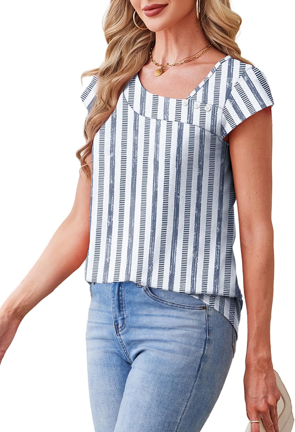 Martina Women's Top – Square Neck, Buttons, Short Sleeves, Casual Elegant