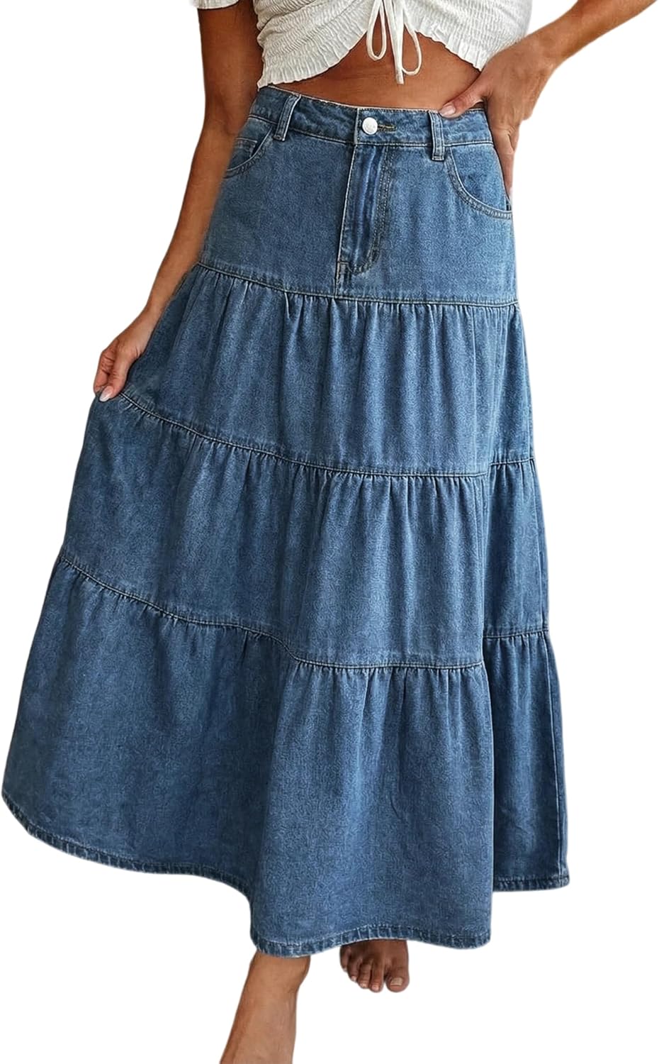 Jupe maxi Verna pour femme en denim – Jupe longue en jean avec volants et poches
