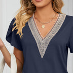 Chiara Women's Top – V-Neck with Lace, Petal Sleeves, Elegant Casual Blouse