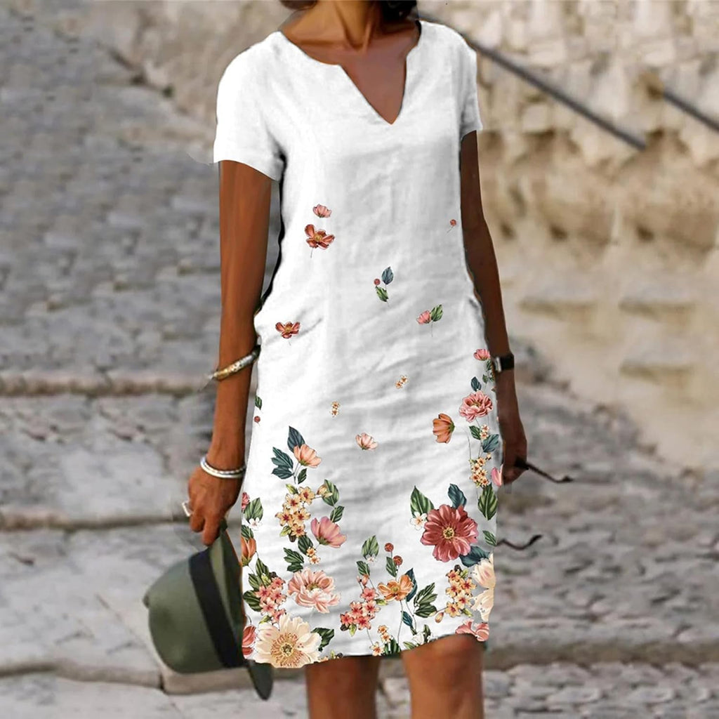 Elisa Vestito Midi in Lino da Donna – Abito Boho Casual con Scollo V e Maniche Corte