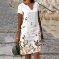 Elisa Vestito Midi in Lino da Donna – Abito Boho Casual con Scollo V e Maniche Corte