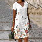 Elisa Vestito Midi in Lino da Donna – Abito Boho Casual con Scollo V e Maniche Corte