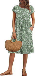 Mercedes Vestido Mujer Midi Casual – Mangas Cortas, Cuello Redondo, Bolsillos, Línea A de Verano