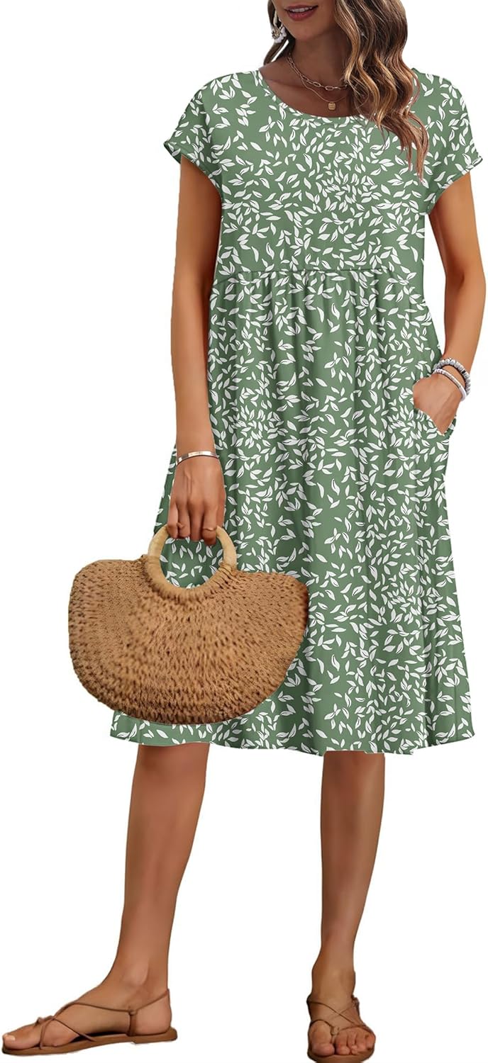 Mercedes Vestido Mujer Midi Casual – Mangas Cortas, Cuello Redondo, Bolsillos, Línea A de Verano