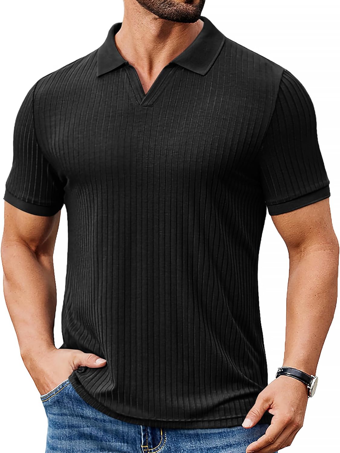 Marco Polo Hombre Slim Fit – Polo de Canalé con Cuello en V Casual Elegante