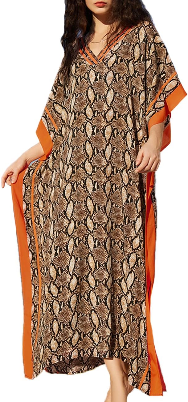 Amina Caftan Femme – Robe Longue Bohème, Imprimé Ethnique, Décolleté V Plongeant