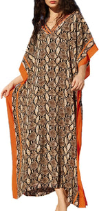 Amina Caftan Femme – Robe Longue Bohème, Imprimé Ethnique, Décolleté V Plongeant