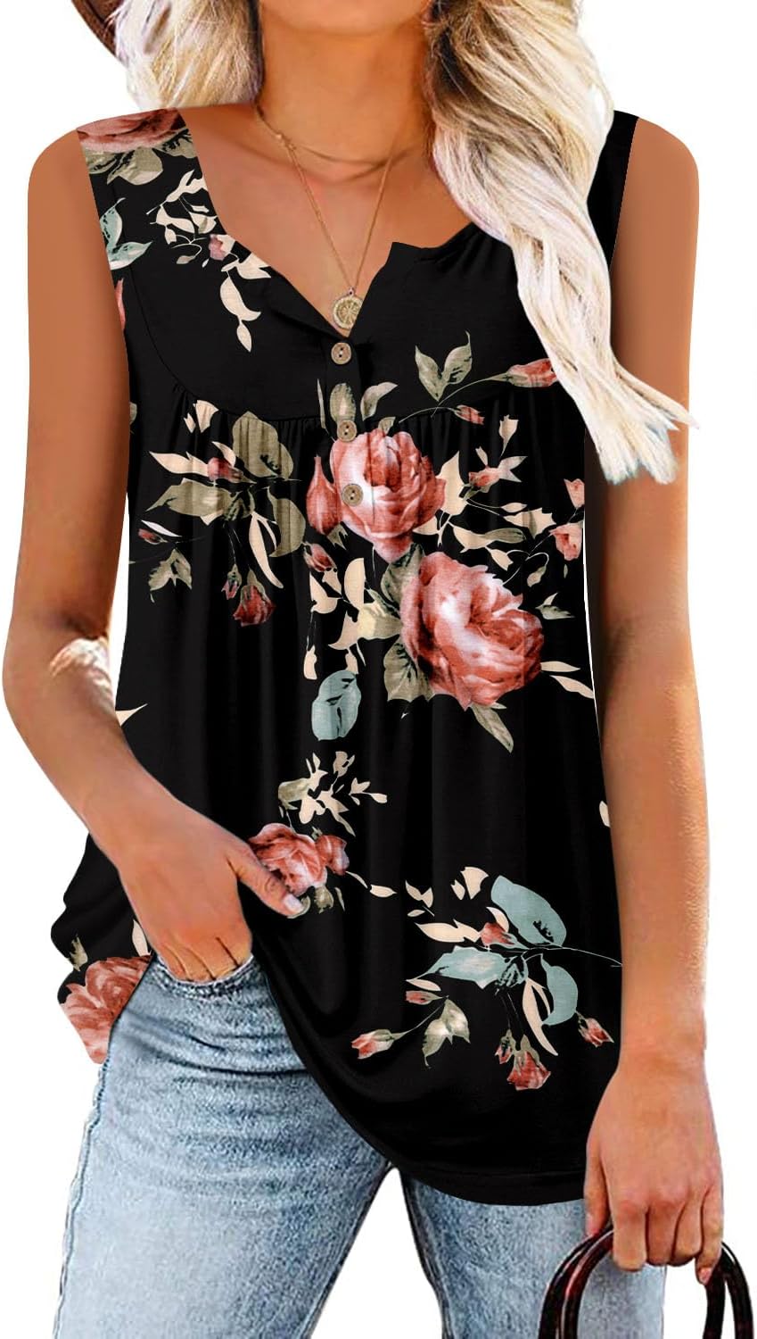 Giulia Women's Top – V-Neck Tank, Henley Buttons, Flowy Casual Style