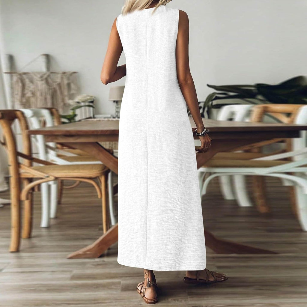 Marta Women's Dress – Long Linen Dress, V-Neck, Pockets, Casual Summer