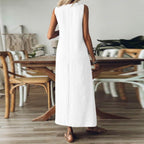 Marta Women's Dress – Long Linen Dress, V-Neck, Pockets, Casual Summer