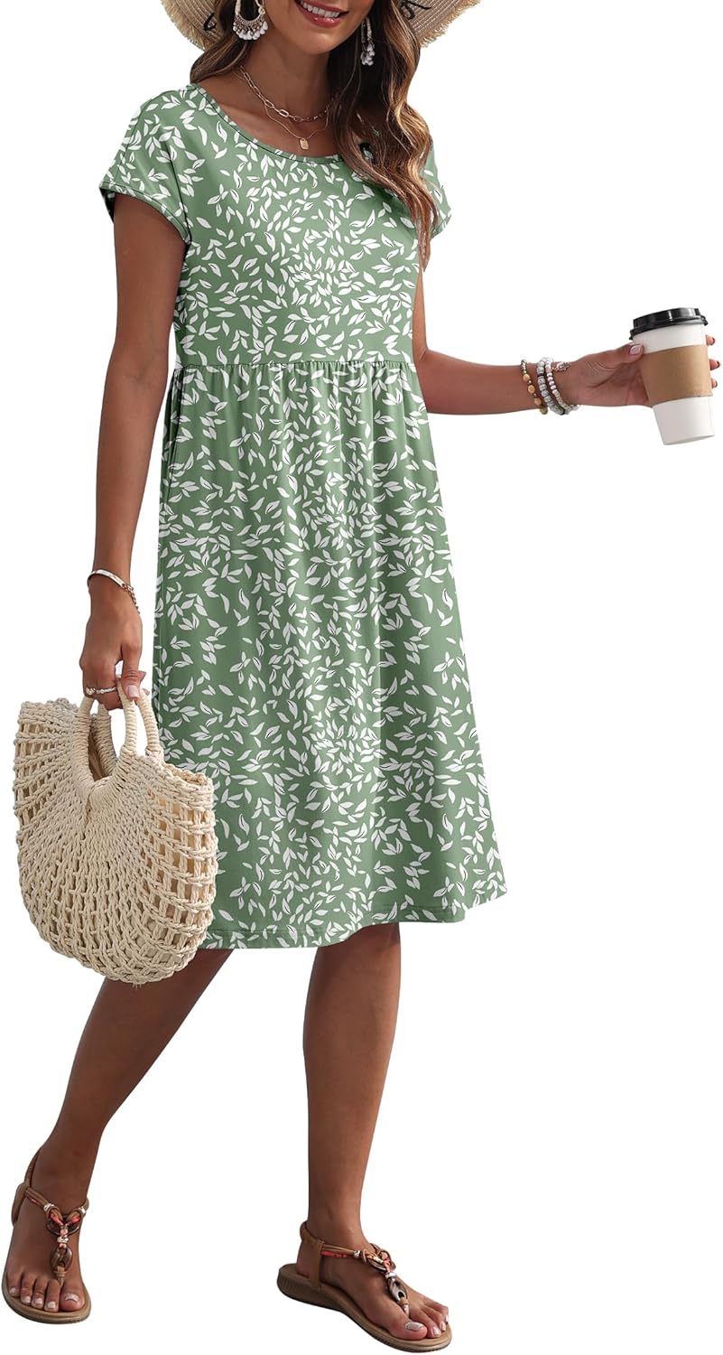 Mercedes Vestido Mujer Midi Casual – Mangas Cortas, Cuello Redondo, Bolsillos, Línea A de Verano