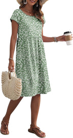Mercedes Vestido Mujer Midi Casual – Mangas Cortas, Cuello Redondo, Bolsillos, Línea A de Verano