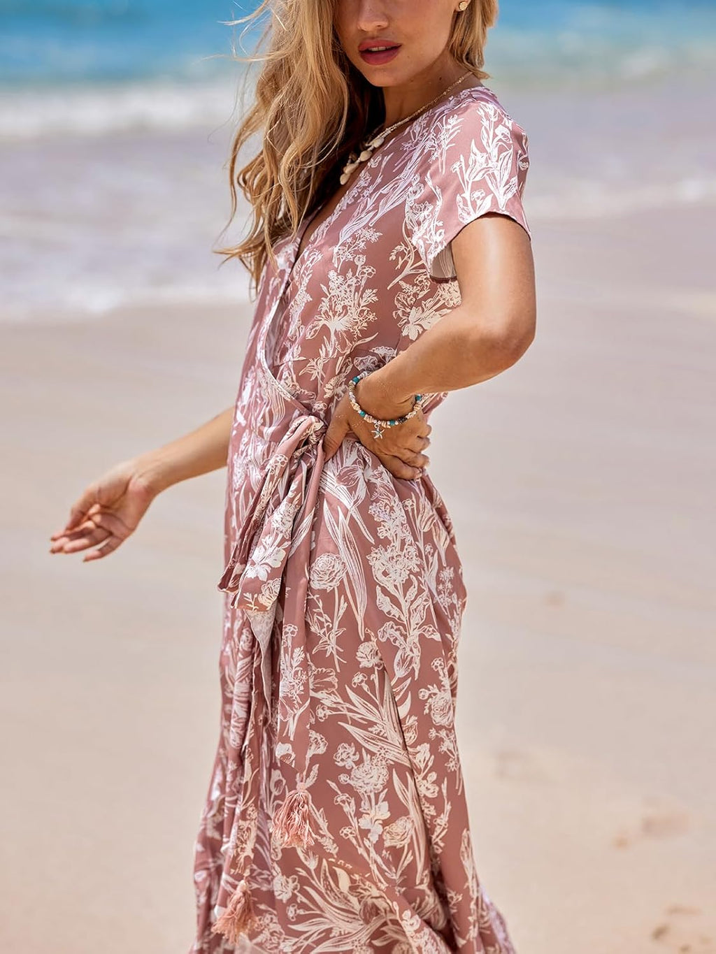 Valeria Robe Femme Maxi Fleurie – Portefeuille Col V, Fente Élégante d'Été